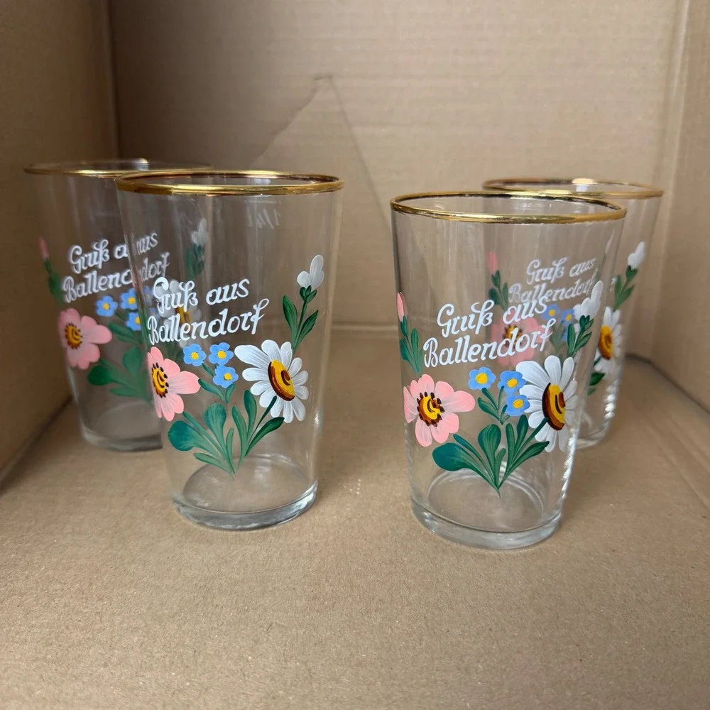 Vintage‎ Handpainted German Ballendorf Floral Glass Tumblers Gold Rim Set of 4